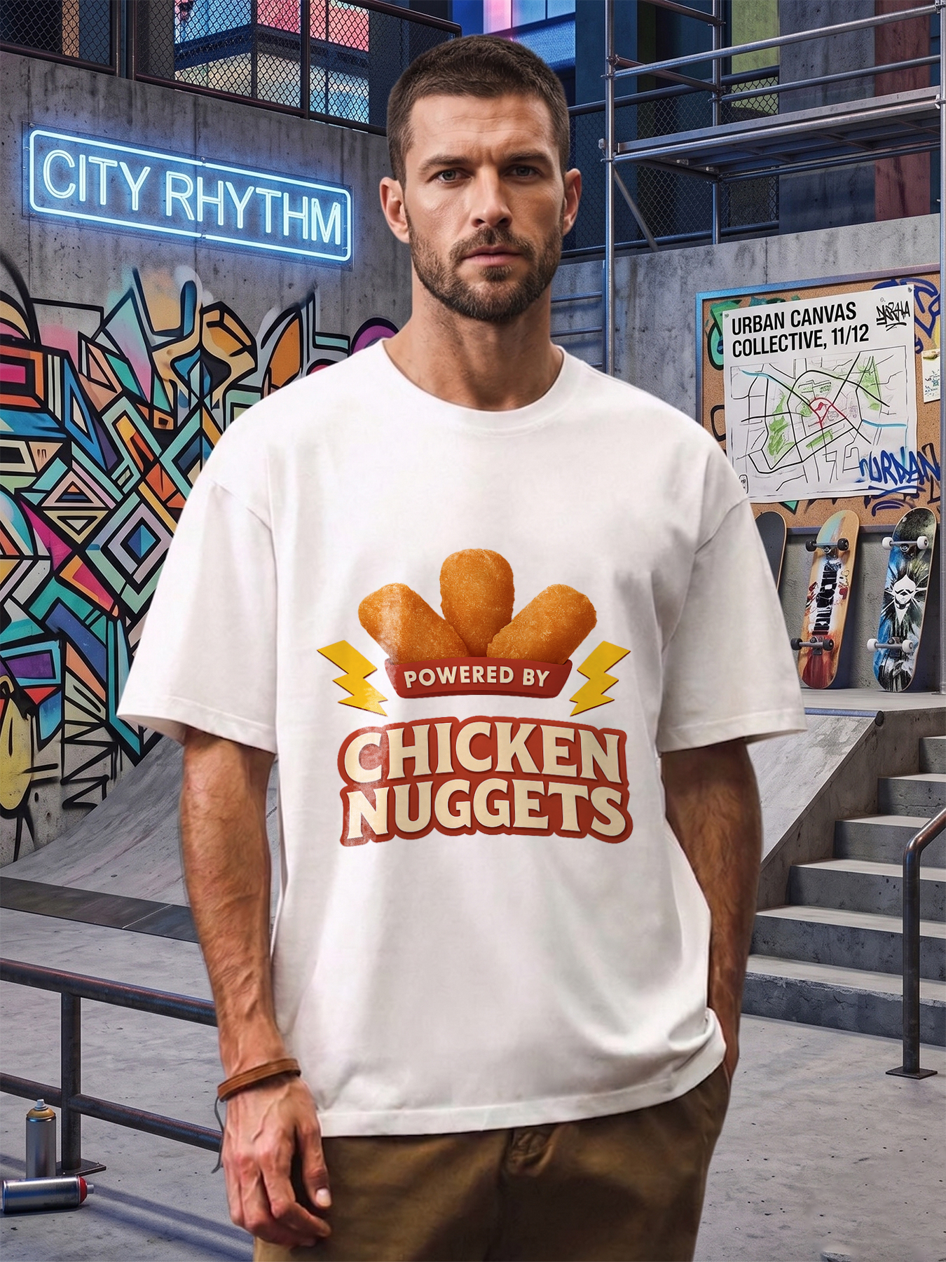 Men's Printed T-Shirt Powered by Chicken Nuggets Graphic Design Casual Round Neck Summer Lightweight Breathable Short Sleeve T-Shirt for Food Lovers and Fun-Loving Adults