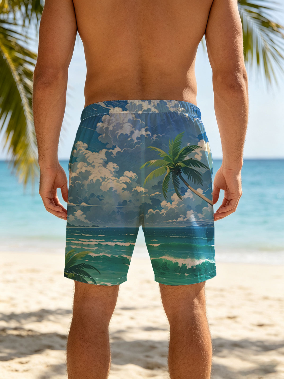 Tropical Beach with Palm Trees and Blue Sky -  Beach shorts