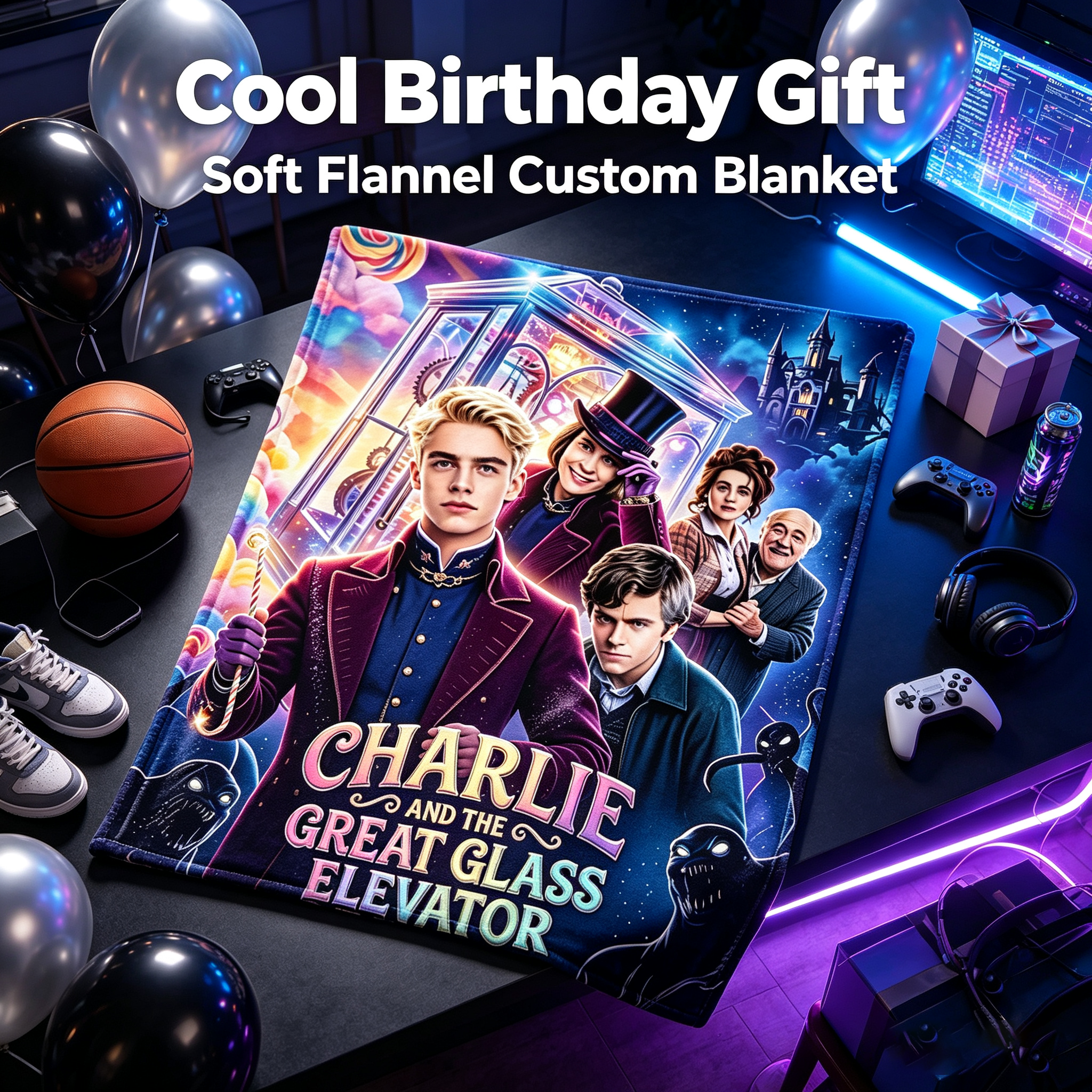 Custom Face Blanket Charlie and the Great Glass Elevator Flannel Blanket Movie-Themed Cozy Throw Perfect for Fans of Johnny Depp and Freddie Highmore Ideal Gift or Giveaway for Kids and Adults