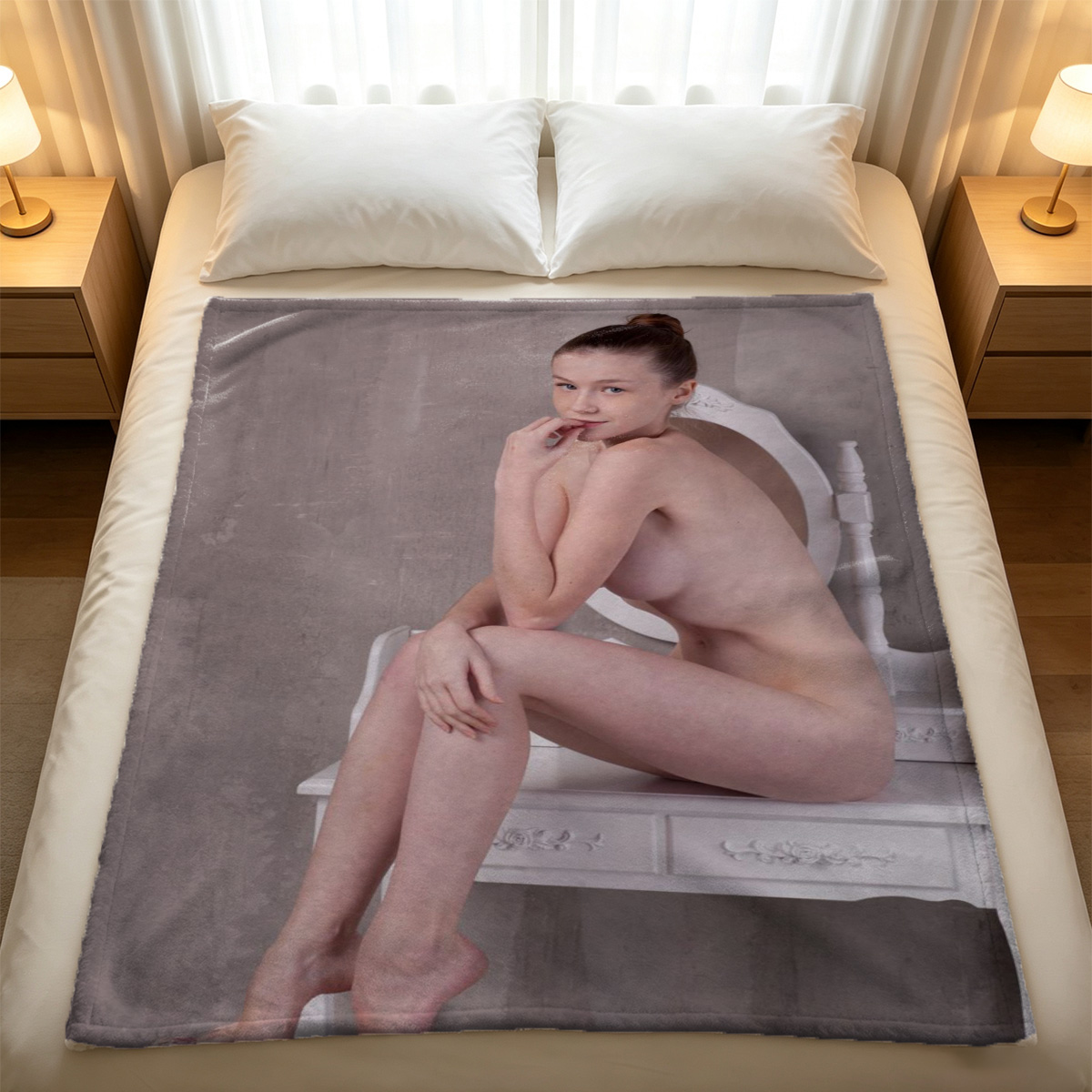 Blonde beauty in white bodysuit posing seductively by ornate door. - Blanket