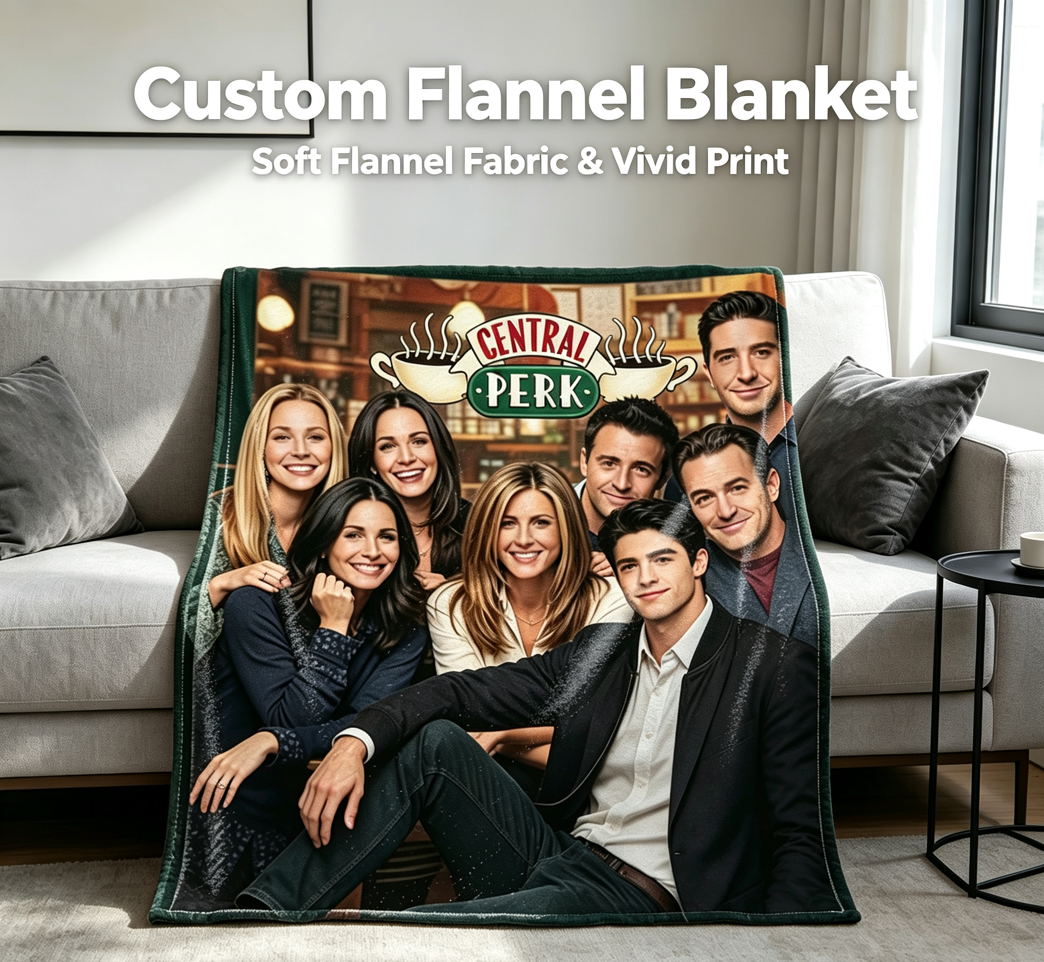 Custom Face Blanket Friends TV Show Central Perk Flannel Blanket Cozy Living Room Gift for Fans and Collectors