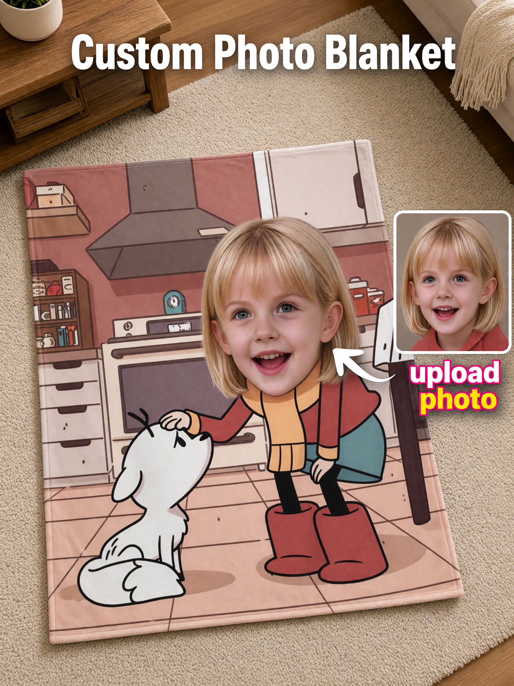 Custom Face Photo Blanket, Personalized Cartoon Portrait Flannel Fleece Throw, Cozy Couch Bed Gift