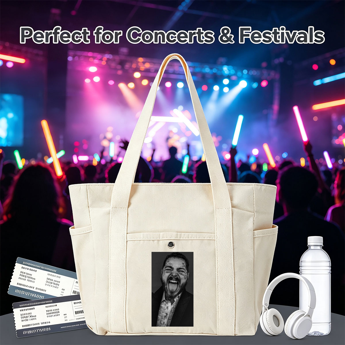 Post Malone Screaming in Black and White Portrait with Facial Tattoos and Suit - Multi-pocket bags