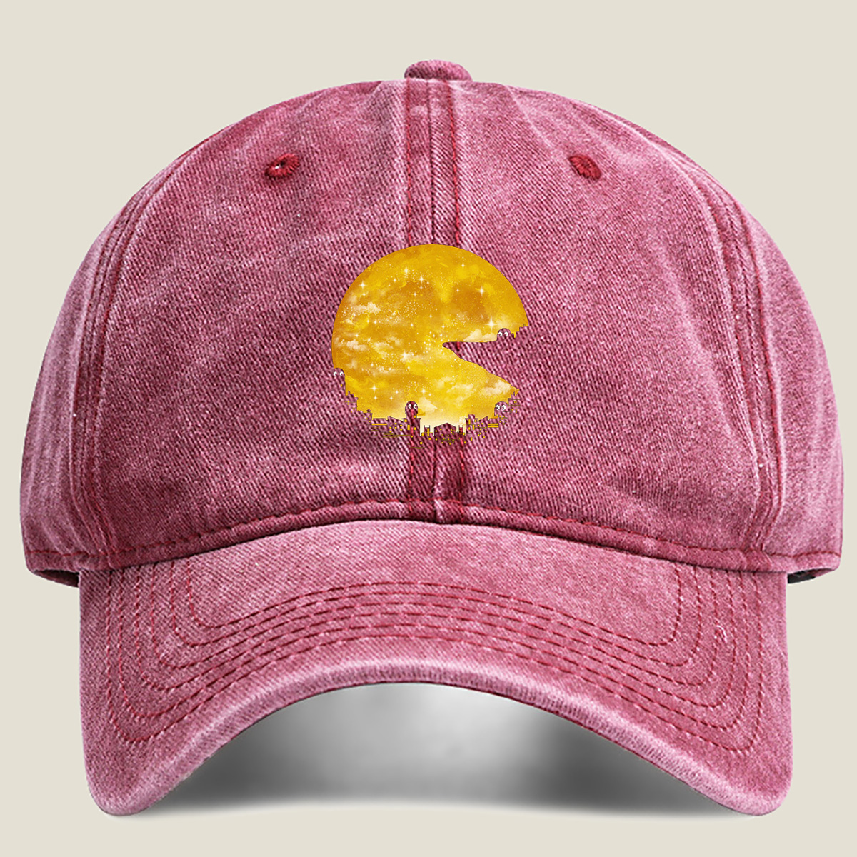 Pac-Man Cityscape Under the Moon - Washed Denim - Baseball Cap