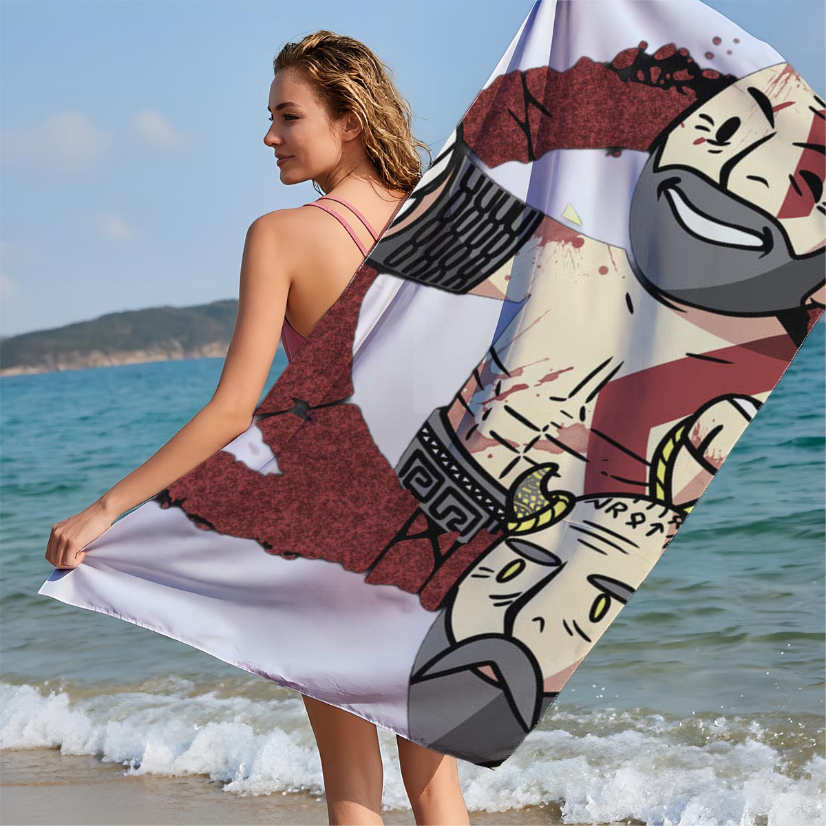 Kratos and Zeus in a stylized battle scene, Kratos giving a thumbs-up with Zeus's head at his feet - Beach towels