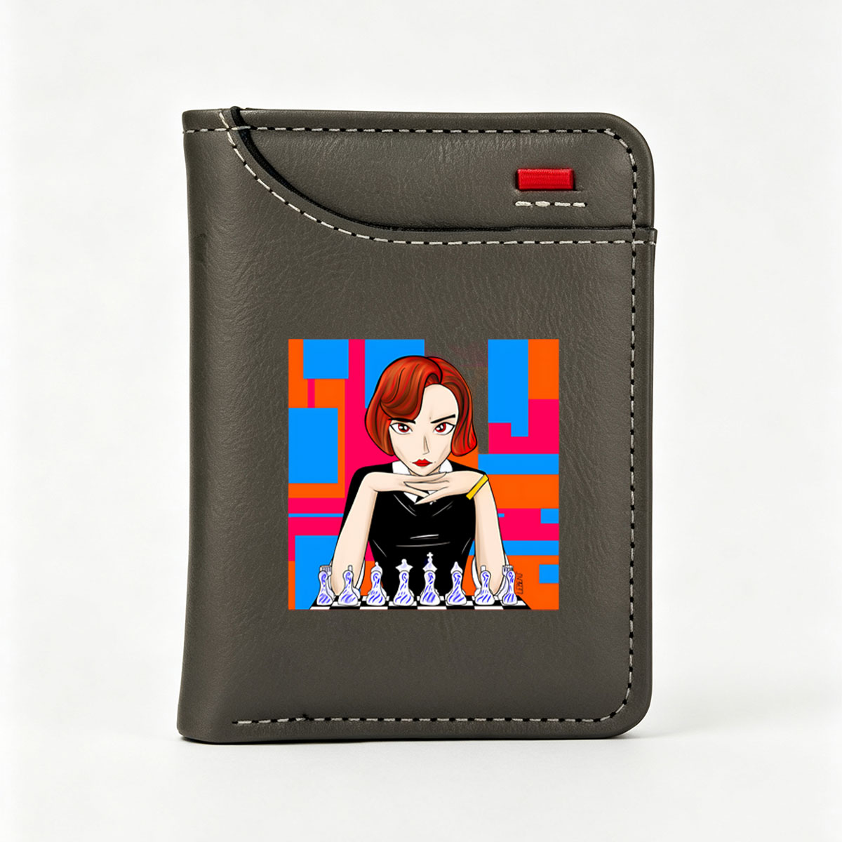 Woman in Black Dress Playing Chess with Blue and Pink Background - Vertical Style Wallet