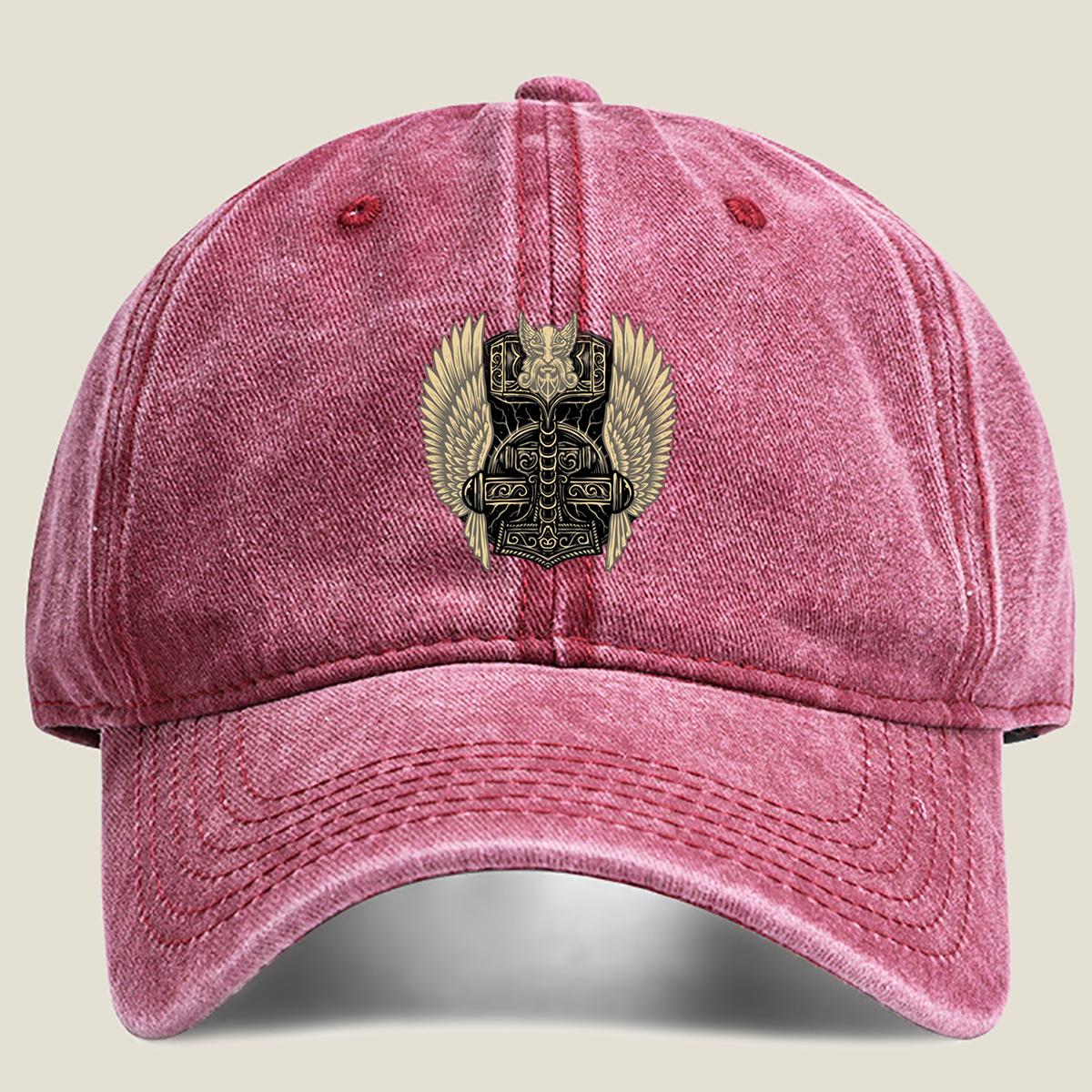 Thor's Hammer with Winged Viking Warrior Design - Washed Denim - Baseball Cap