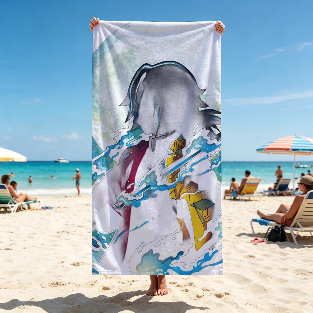 Demon Slayer: Tanjiro Kamado with Water Breathing Technique under Full Moon - Beach towels