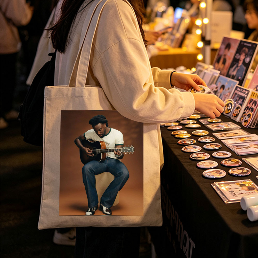 Khalid Playing Acoustic Guitar in Studio Portrait - Canvas tote bags