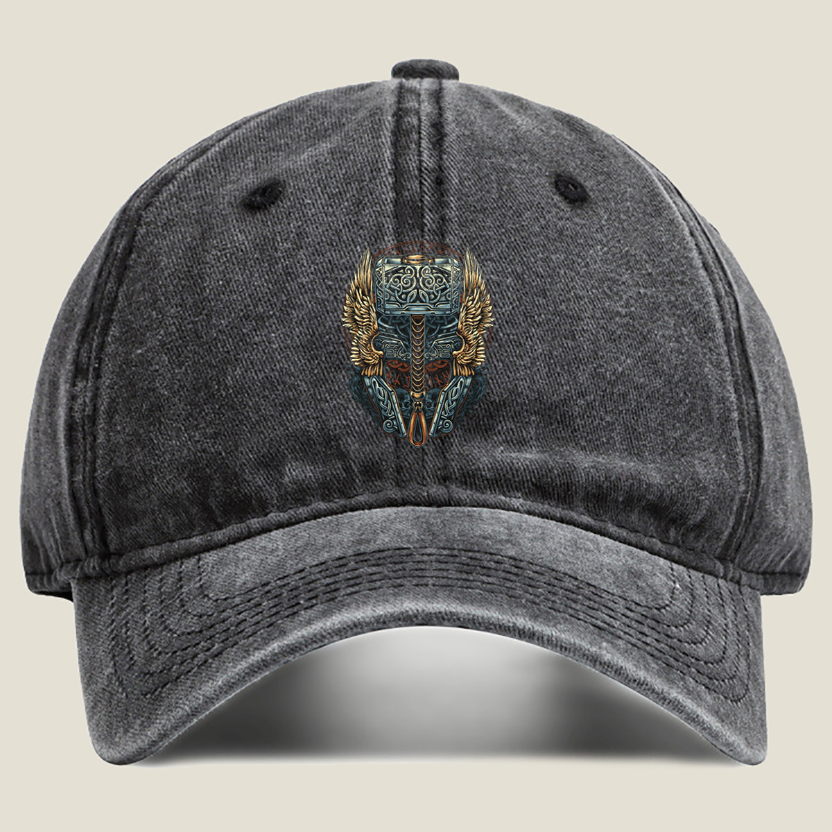 Thor's Hammer Mjolnir with Norse Symbols and Wings - Washed Denim - Baseball Cap