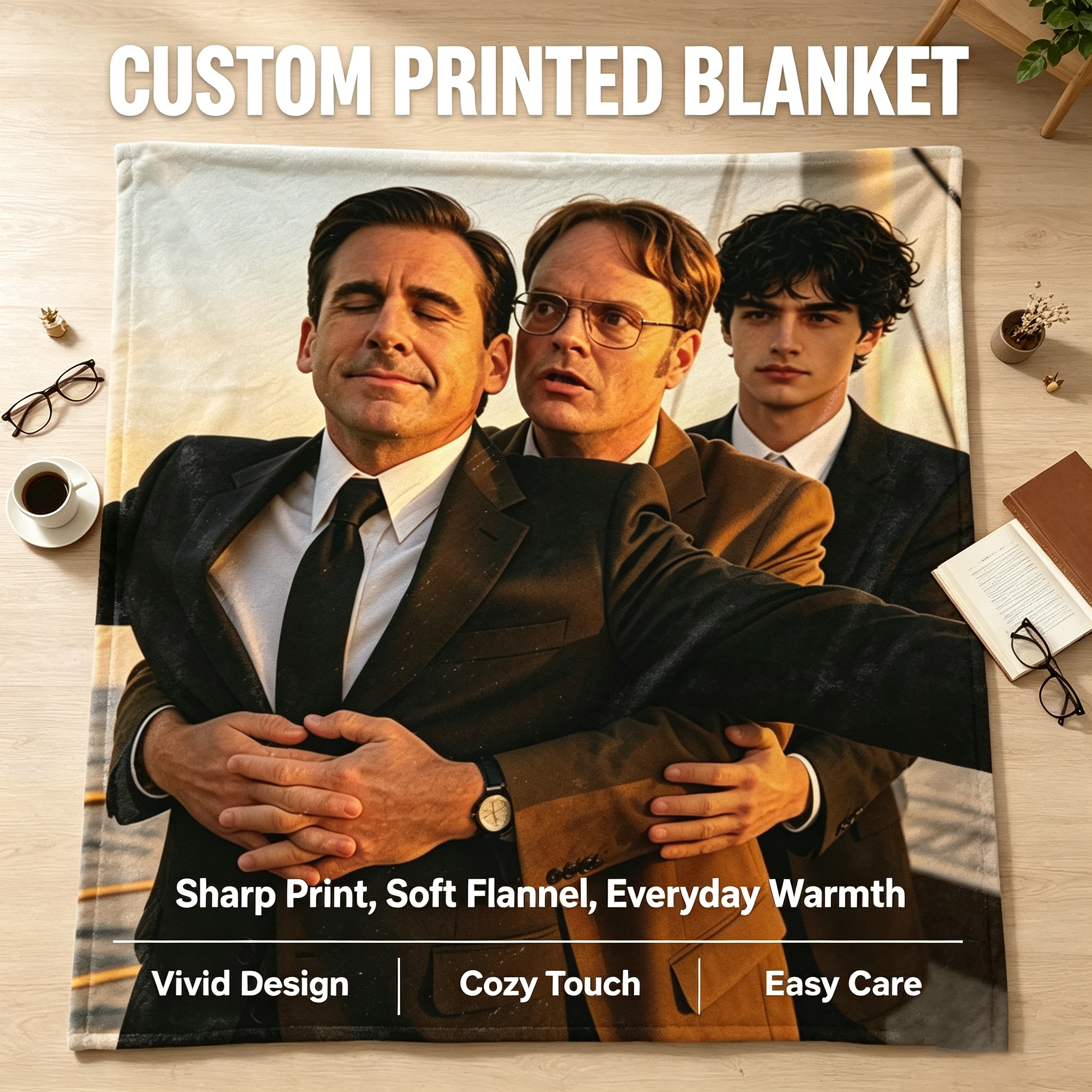 Custom Face Blanket - Steve Carell, Rainn Wilson, and Jacob Elordi on a Sailboat at Sunset Flannel Blanket - Perfect for Cozy Nights and Movie Marathons - Ideal Gift or Giveaway for Fans