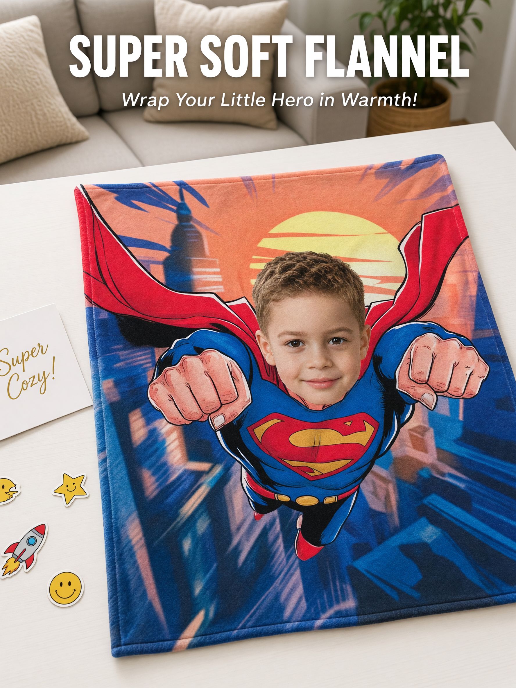 Custom Photo Superhero Blanket, Personalized Face Flannel Throw, Ultra Soft Skin-Friendly Fleece for Bed Couch Travel