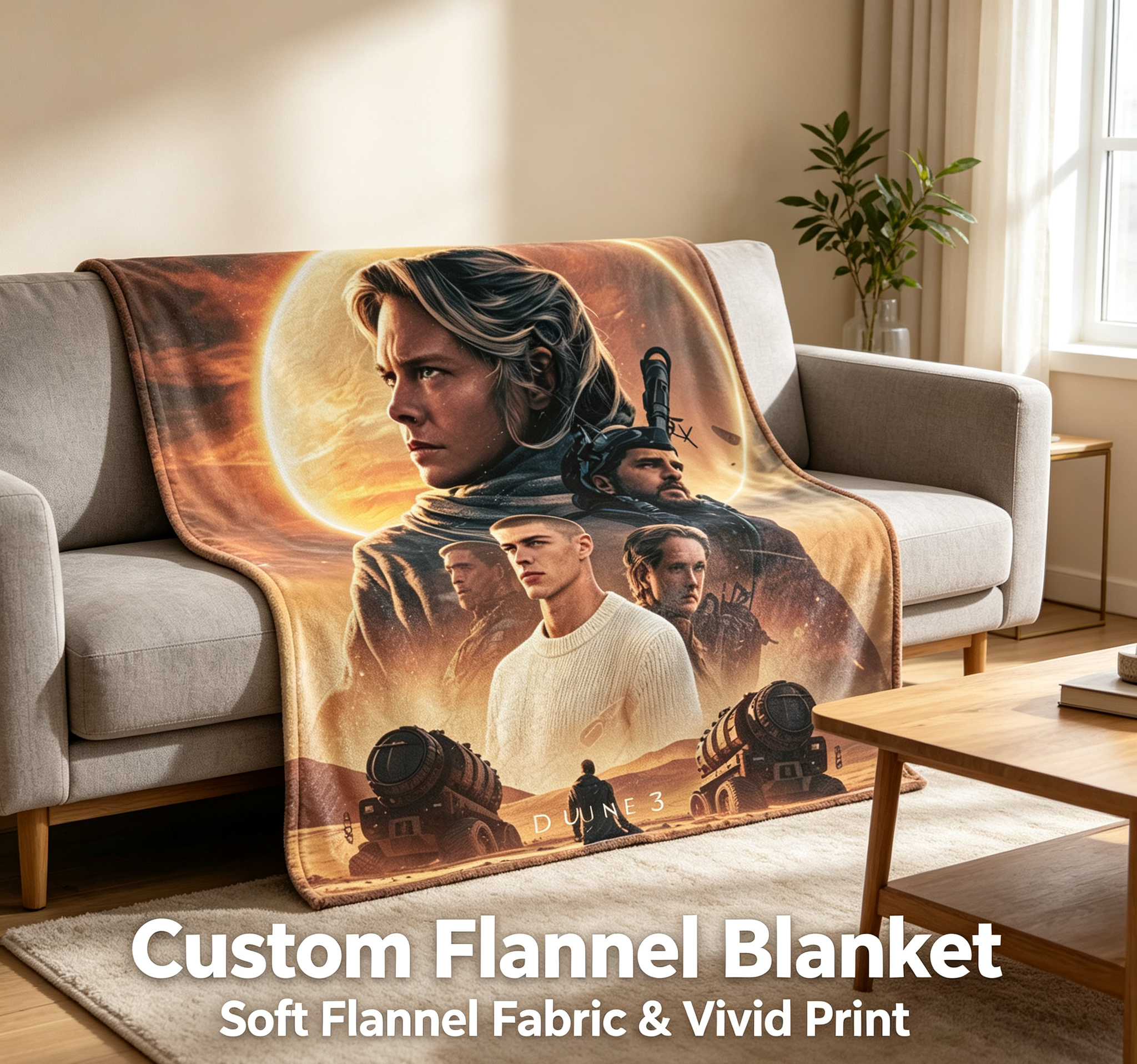 Custom Face Blanket Dune 3 The Holy War Flannel Blanket Desert Sci-Fi Movie Theme Cozy Bedding Gift for Fans