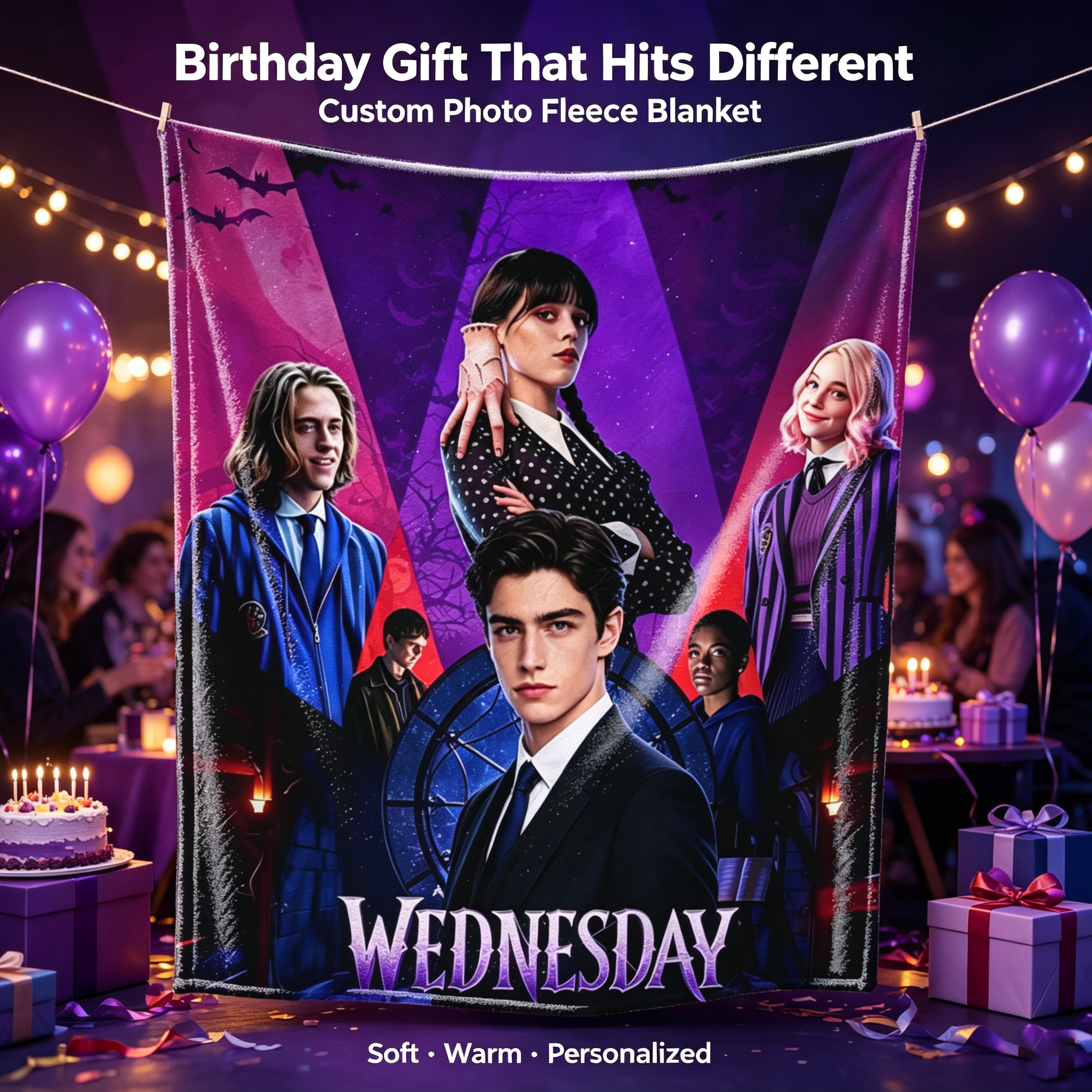 Custom Face Blanket Wednesday Addams Flannel Blanket Halloween Gift for Fans of Netflix Series Wednesday Cozy Throw Blanket Perfect for Movie Night or Birthday Present