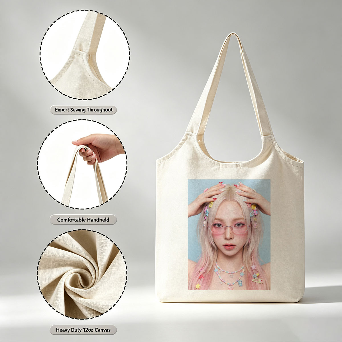Dami Im in a Pastel-Themed Look with Colorful Hair Clips and Pink Glasses - Canvas shoulder bags/