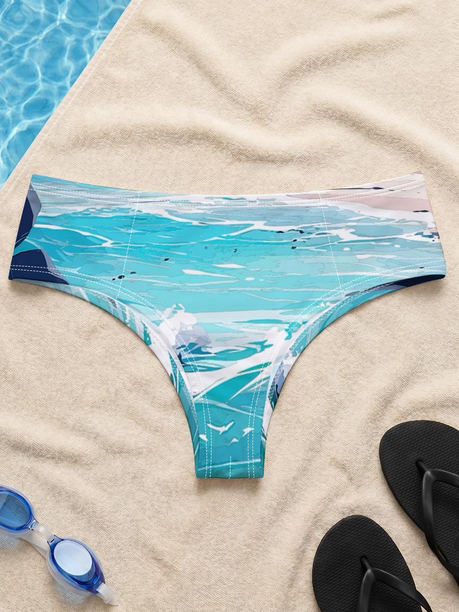 Turquoise waves crash on a rocky beach with distant city skyline and lush green hills under a bright sky. -  Men's swim trunks