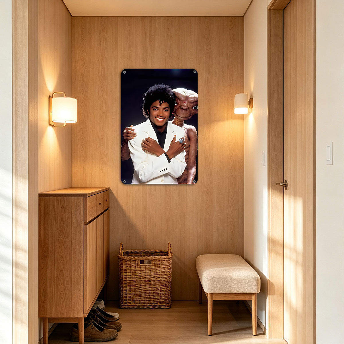 Michael Jackson and E.T. the Extra-Terrestrial in a playful pose - painting