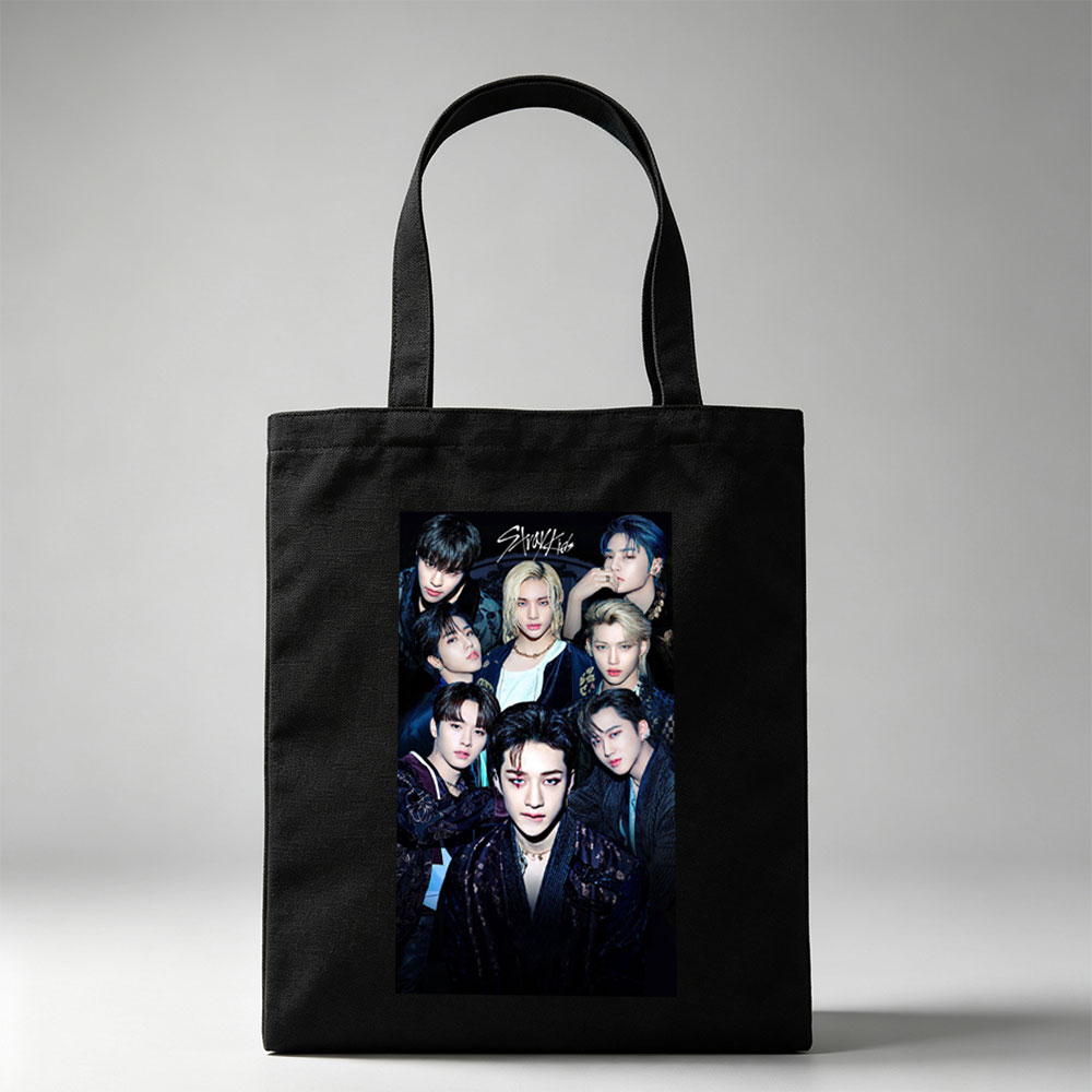 Stray Kids Group Portrait in Dark Elegant Attire with Intense Expressions - Canvas tote bags