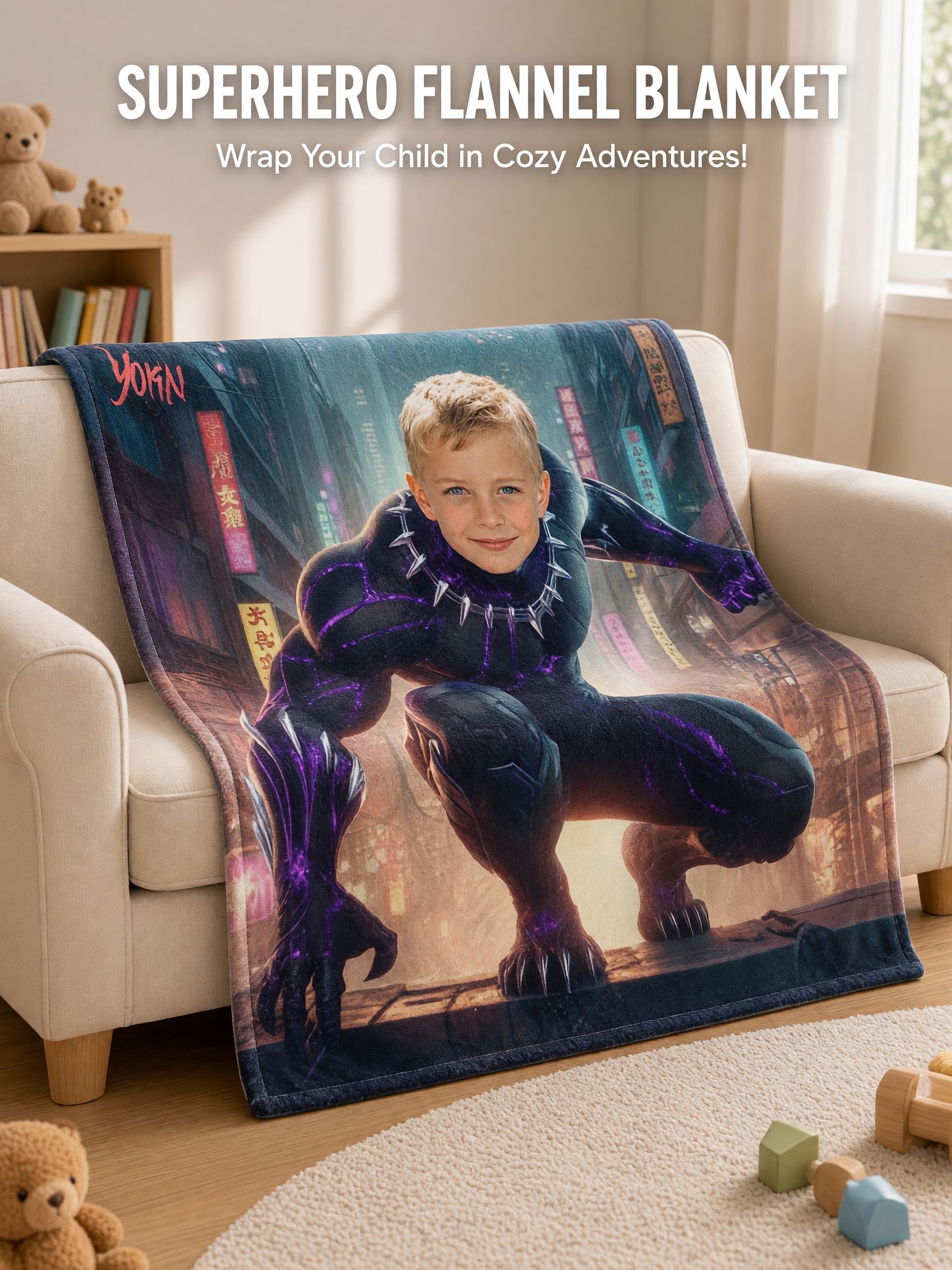 Custom Photo Superhero Flannel Fleece Blanket Ultra Soft Anti Pilling Throw Personalized Face Bed Couch Gift