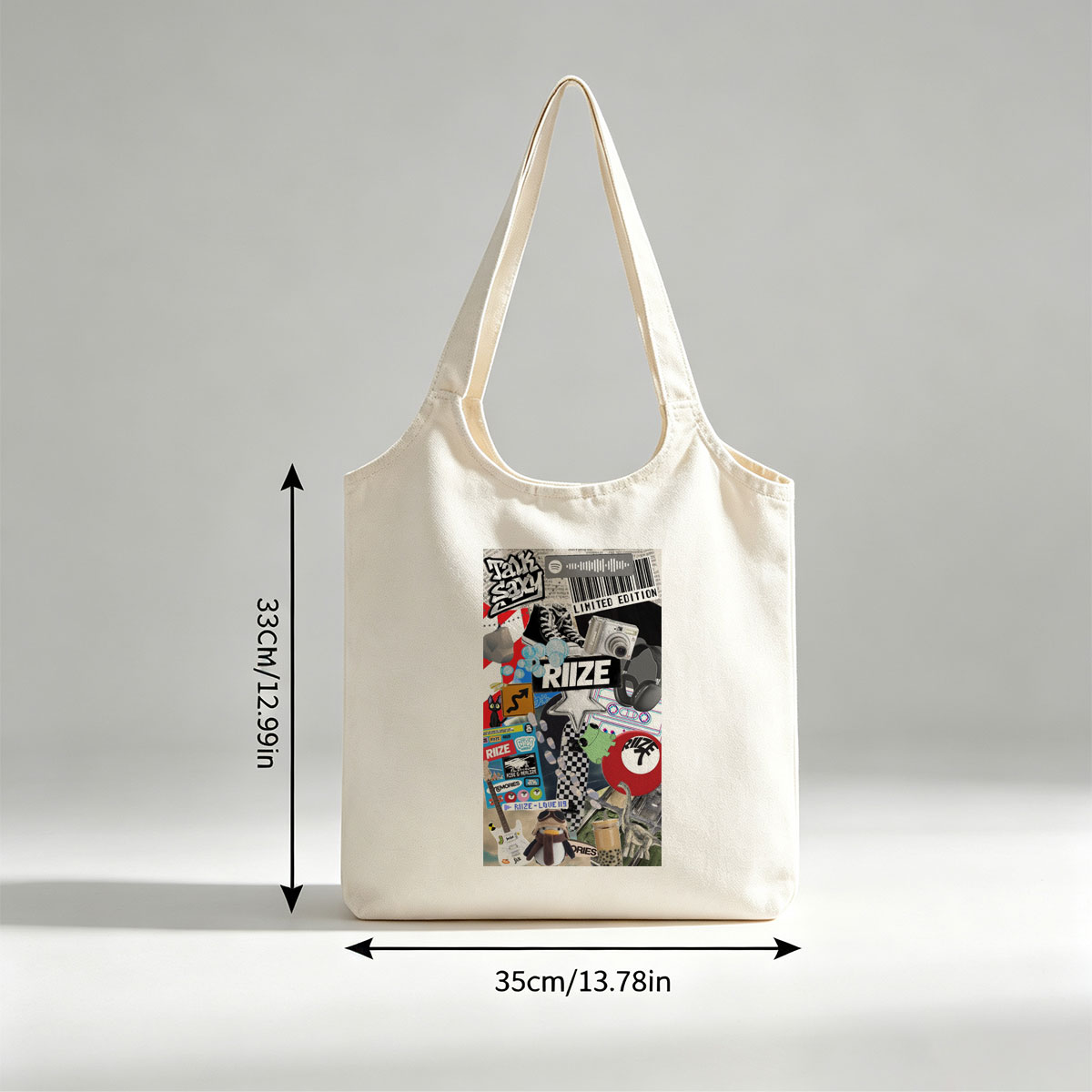RIIZE Music Collage Featuring Band Merch, Camera, Sneakers, and Pop Culture Elements - Canvas shoulder bags/