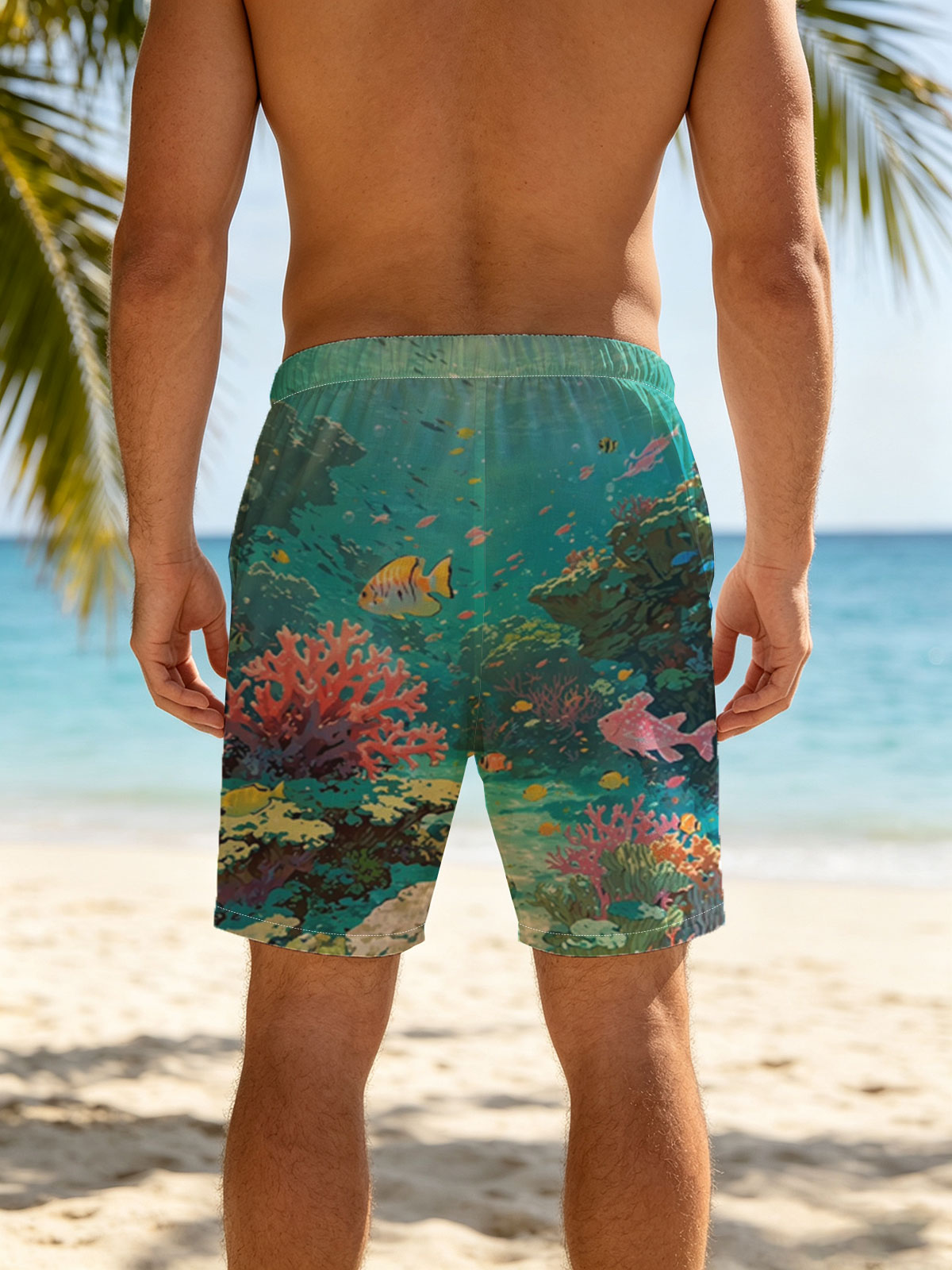 Vibrant Coral Reef with Colorful Fish and Sunlight Rays -  Beach shorts