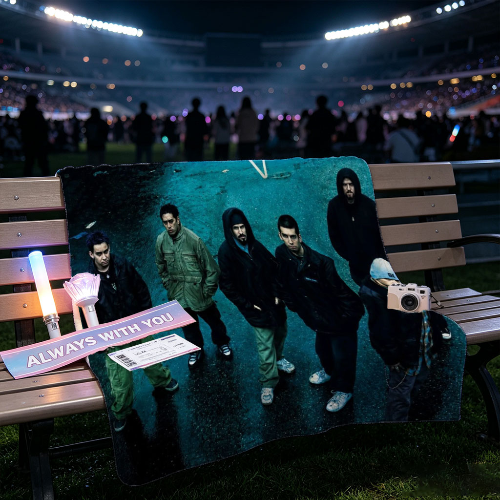 Linkin Park Band Standing in a Rainy Industrial Alleyway with Bold Logo Overlay - Blankets