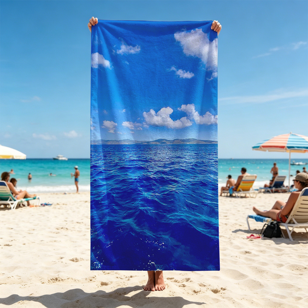 Azure Sea Under Blue Sky with White Clouds - Beach towels