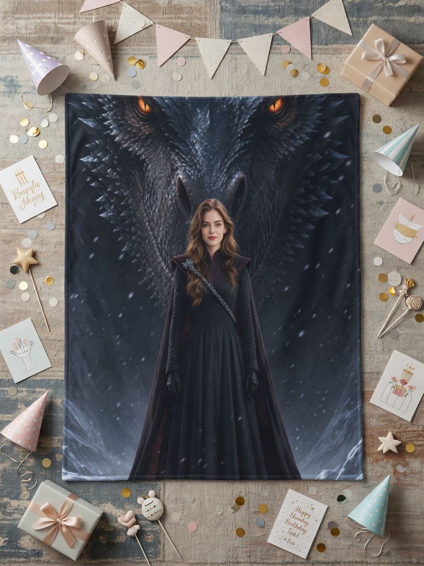 Custom Portrait Flannel Blanket, Fantasy Dragon Theme Ultra Soft Throw, Ideal Personalized Gift for Sofa and Bed