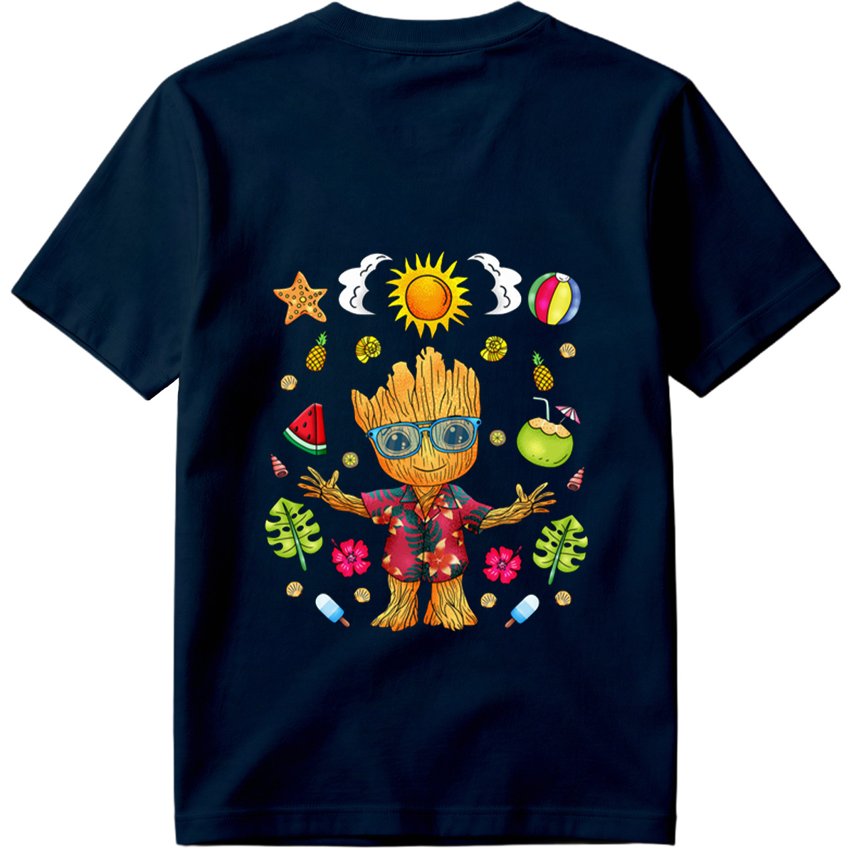 Groot in Hawaiian Shirt with Summer Elements - Tee