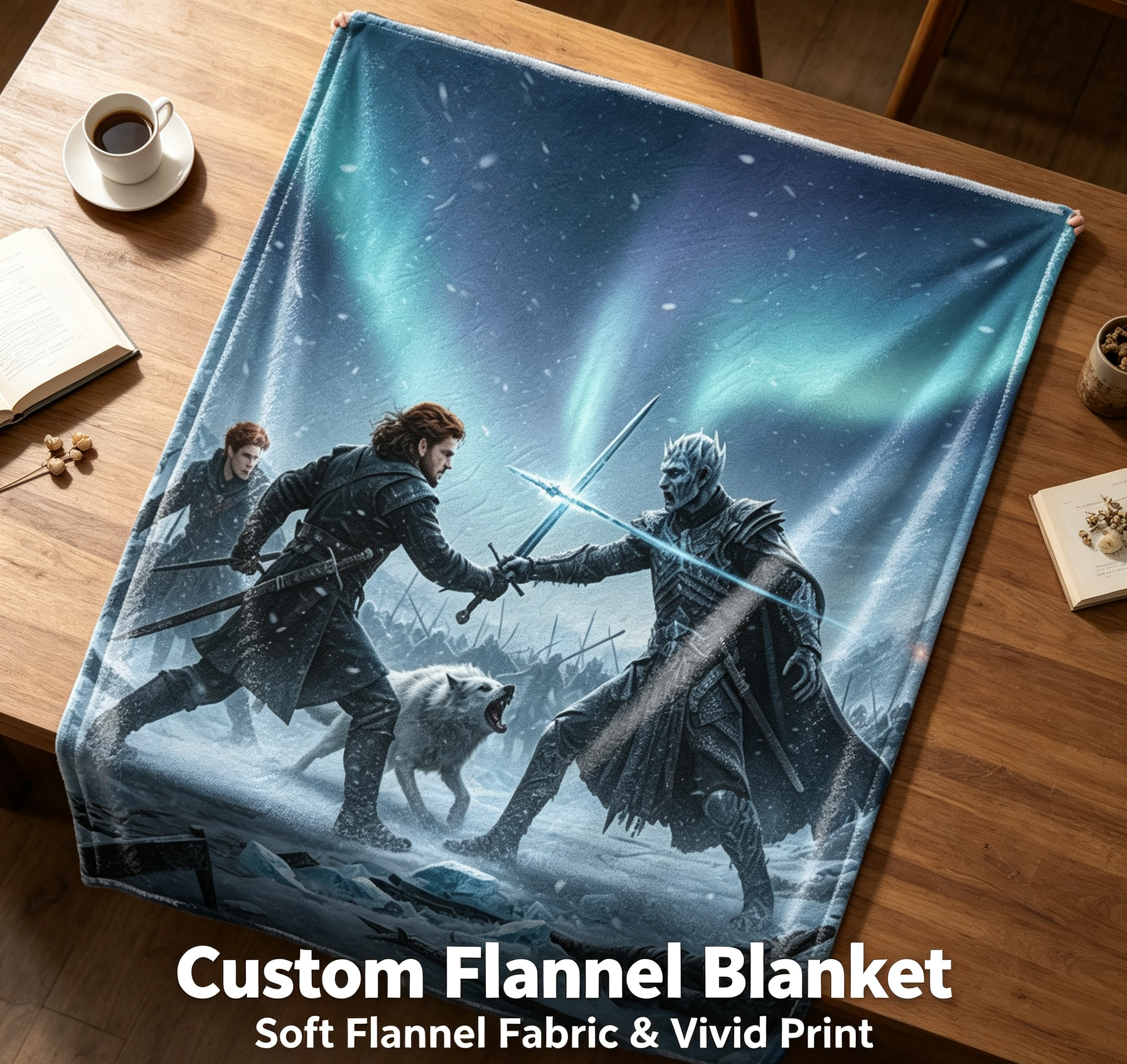 Custom Face Blanket Game of Thrones Night King Battle Scene Flannel Blanket Cozy Winter Bedding Gift for Fans