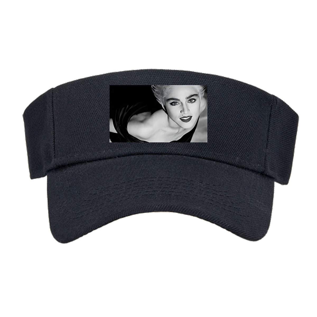 Madonna in a striking black and white portrait, showcasing bold makeup and voluminous blonde hair. -  Visor cap