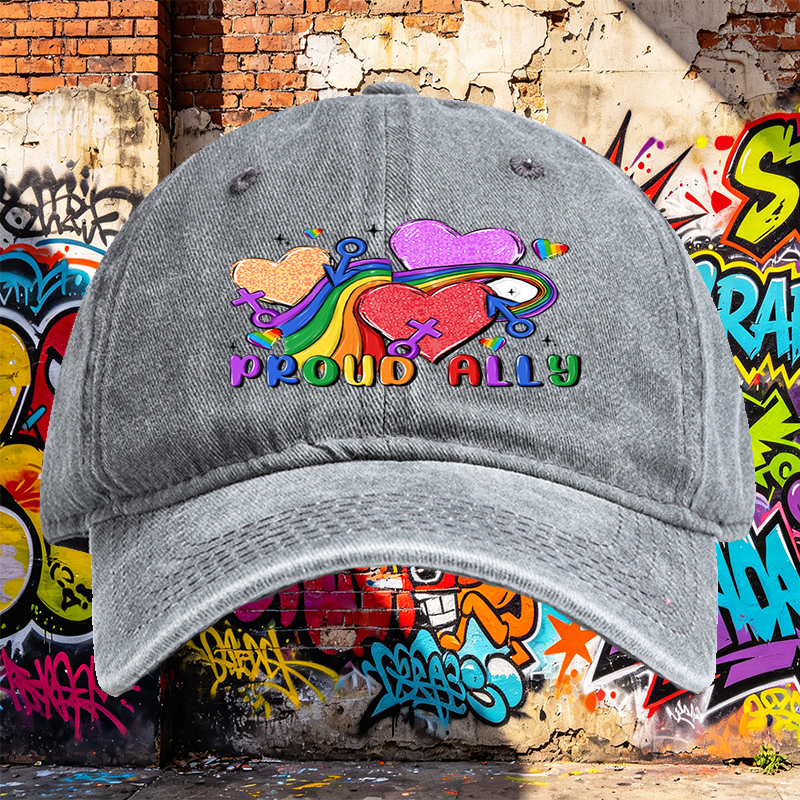 Unisex Classic Washed Cap with Rainbow Hearts and 