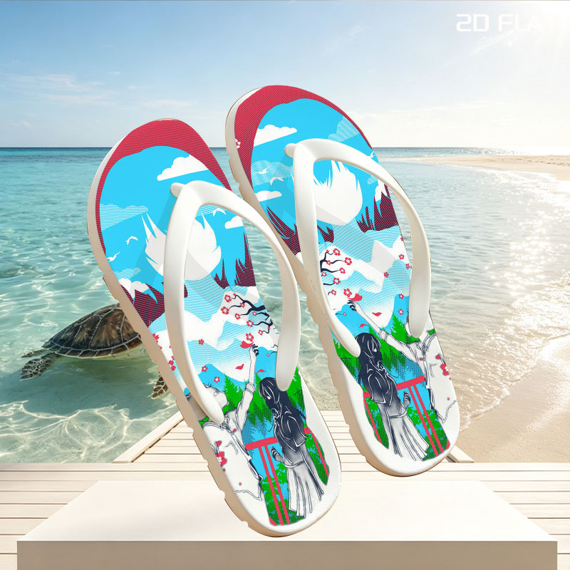 Two Figures Under Cherry Blossoms with Mountain Landscape and Sky Background -  flip-flops