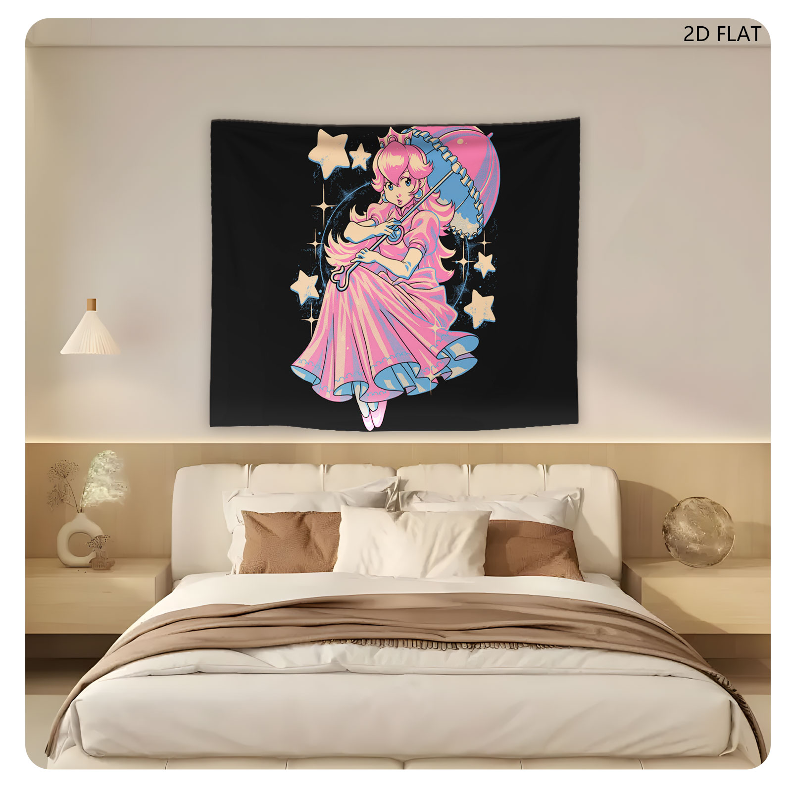 Princess Peach in Pink Gown with Umbrella and Stars - Tapestry