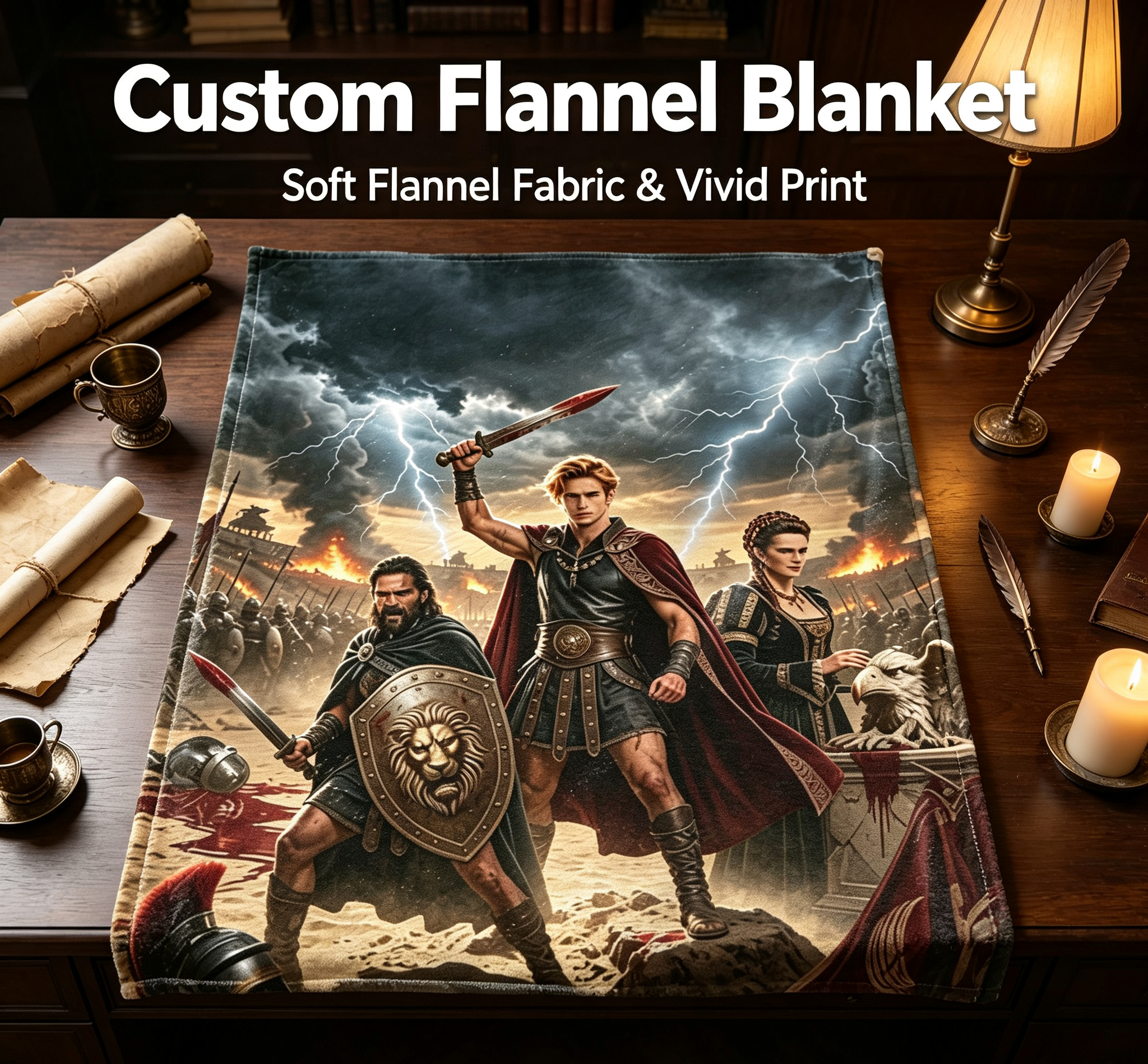 Custom Face Blanket Ancient Warrior Epic Battle Scene Flannel Blanket Perfect for Couch Cozy Nights and Birthday Gift Ideas
