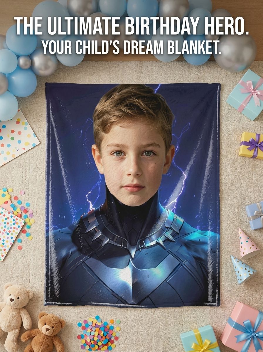 Custom Superhero Photo Flannel Fleece Blanket, Personalized Face Print Soft Warm Throw Blanket for Kids and Family Gift