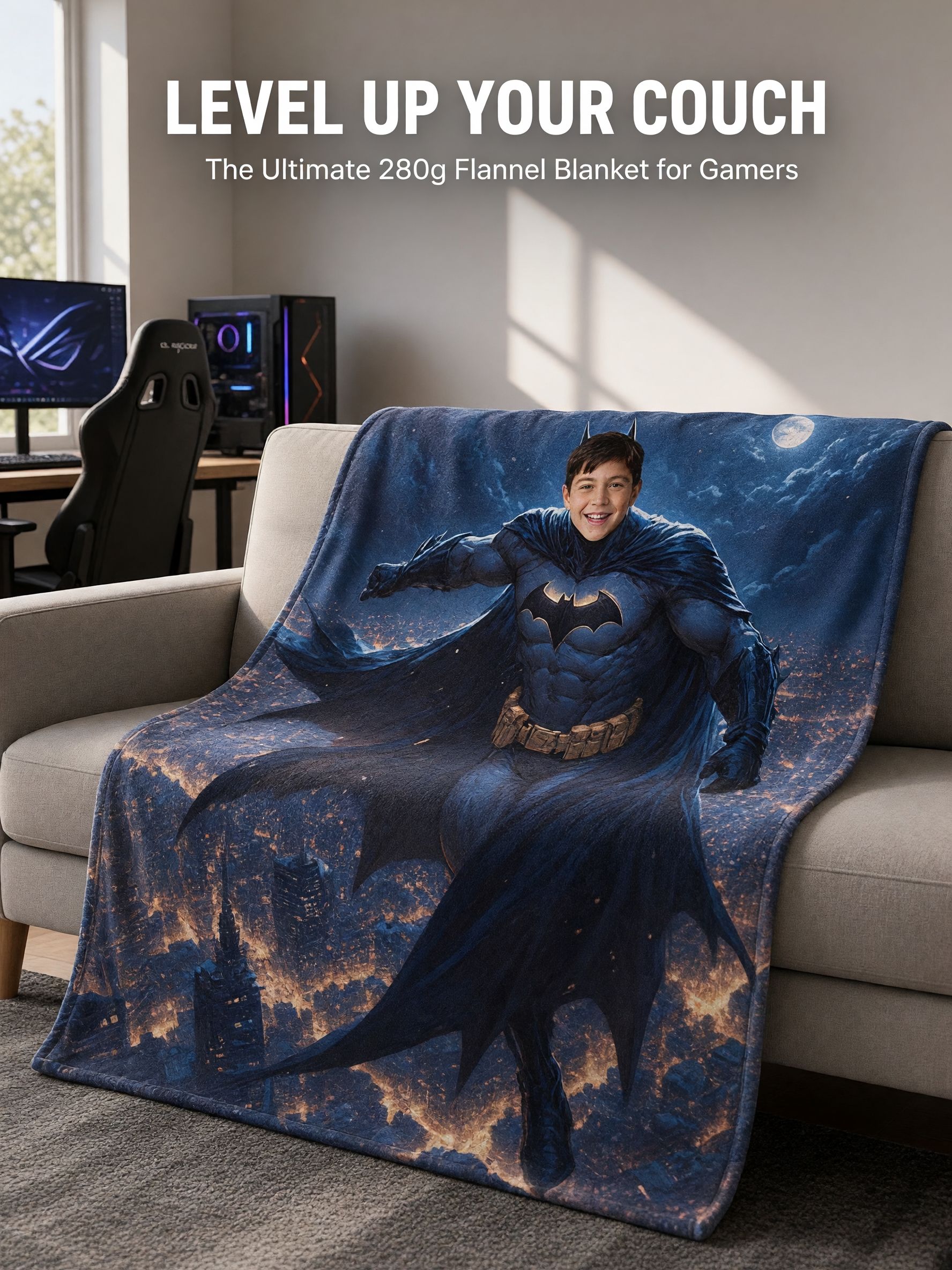 Custom Superhero Face Photo Blanket, Personalized Ultra-Soft Flannel Fleece Throw, Ideal Cozy Gift for Bed and Couch