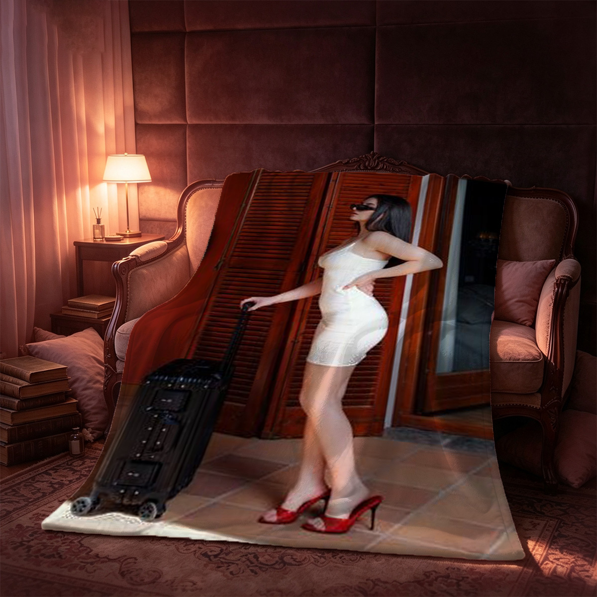Emma Watson in black lingerie and eye mask by Christmas tree - Blanket
