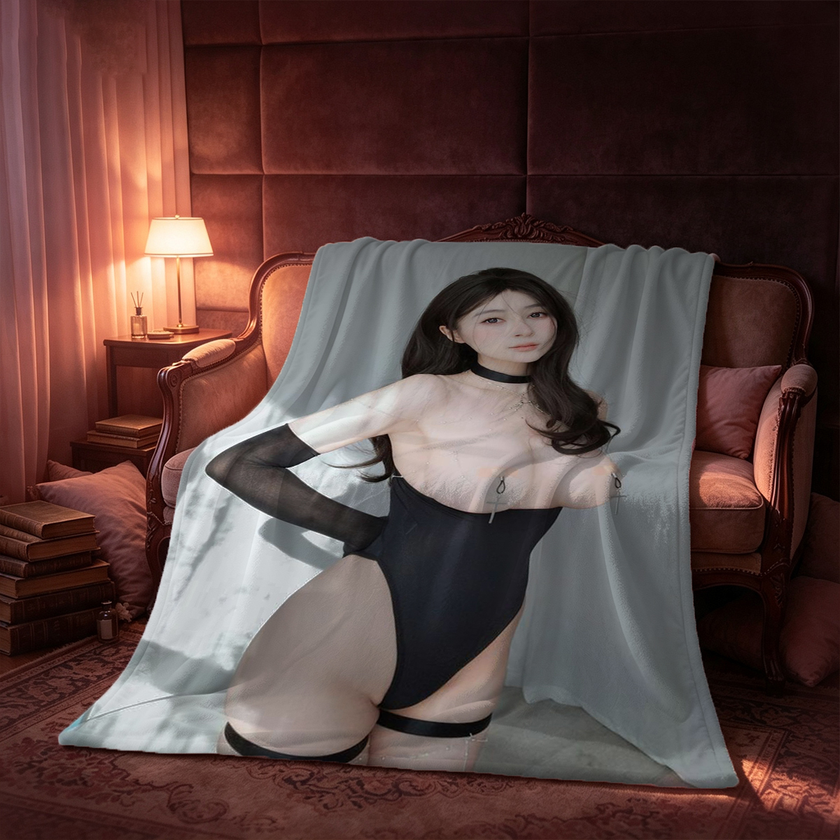 Red Lingerie Bondage Harness and Fishnet Stockings on Leather Chair - Blanket