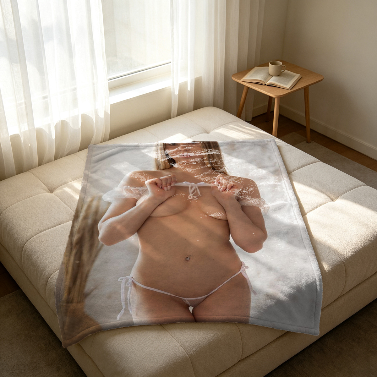 Nude Japanese model lying on hospital bed by window - Blanket