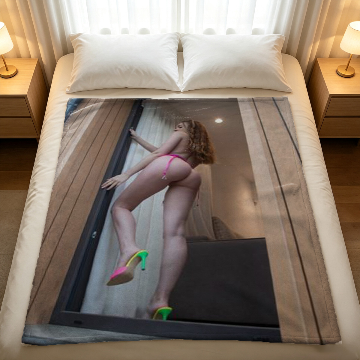 Nude Blonde on Brown Leather Couch - Blanket