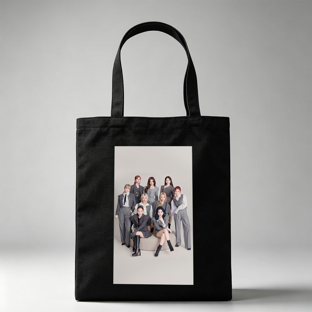 Twice Group in Stylish Gray Suits Posed on a Minimalist Set - Canvas tote bags