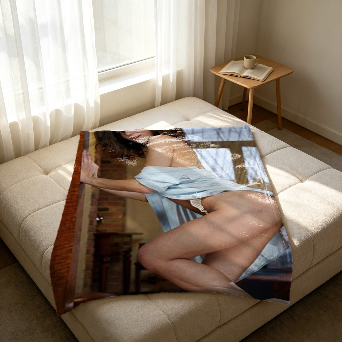 Pink Lingerie Bunny Girl on White Sofa - Blanket