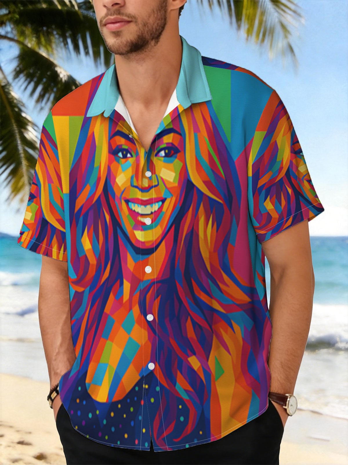 Colorful Portrait of a Smiling Woman with Vibrant Geometric Patterns -  Shirt