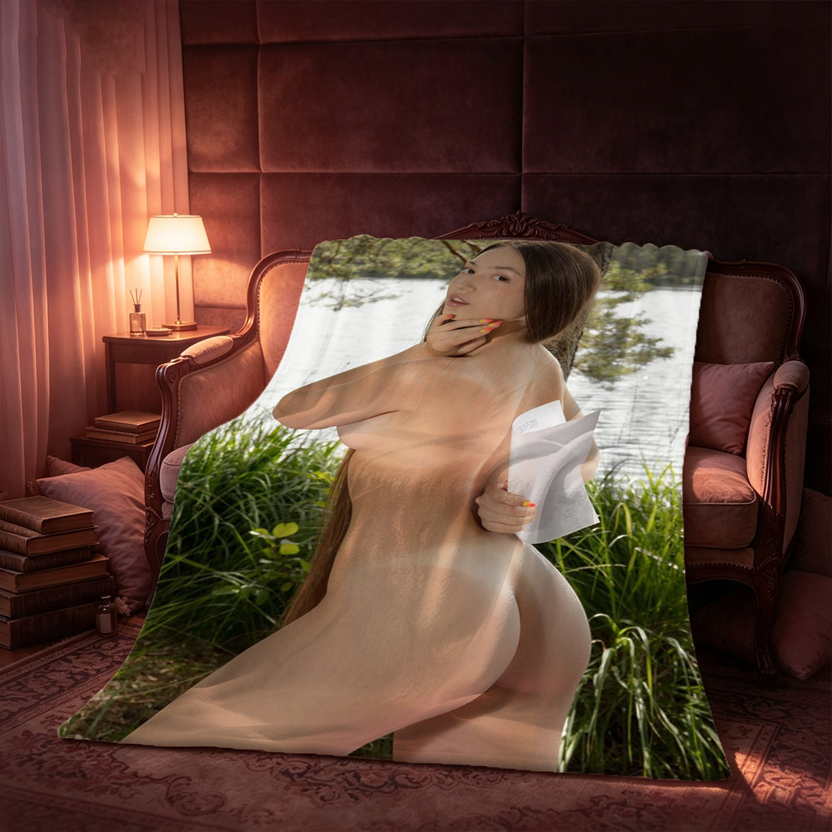 Aubrey Kate in pink lingerie teasing on the bed. - Blanket