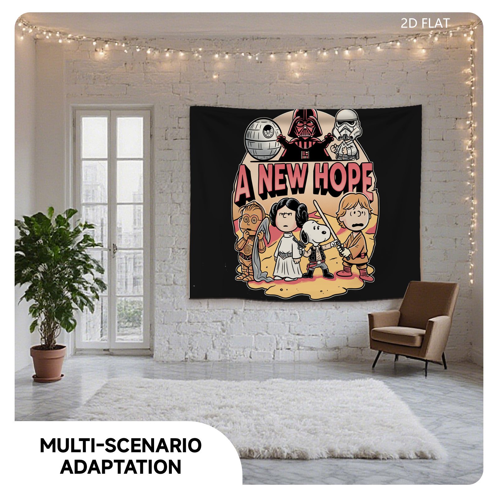 Star Wars: A New Hope - Snoopy as Luke, Leia, C-3PO, Darth Vader, Stormtrooper, and Death Star - Tapestry