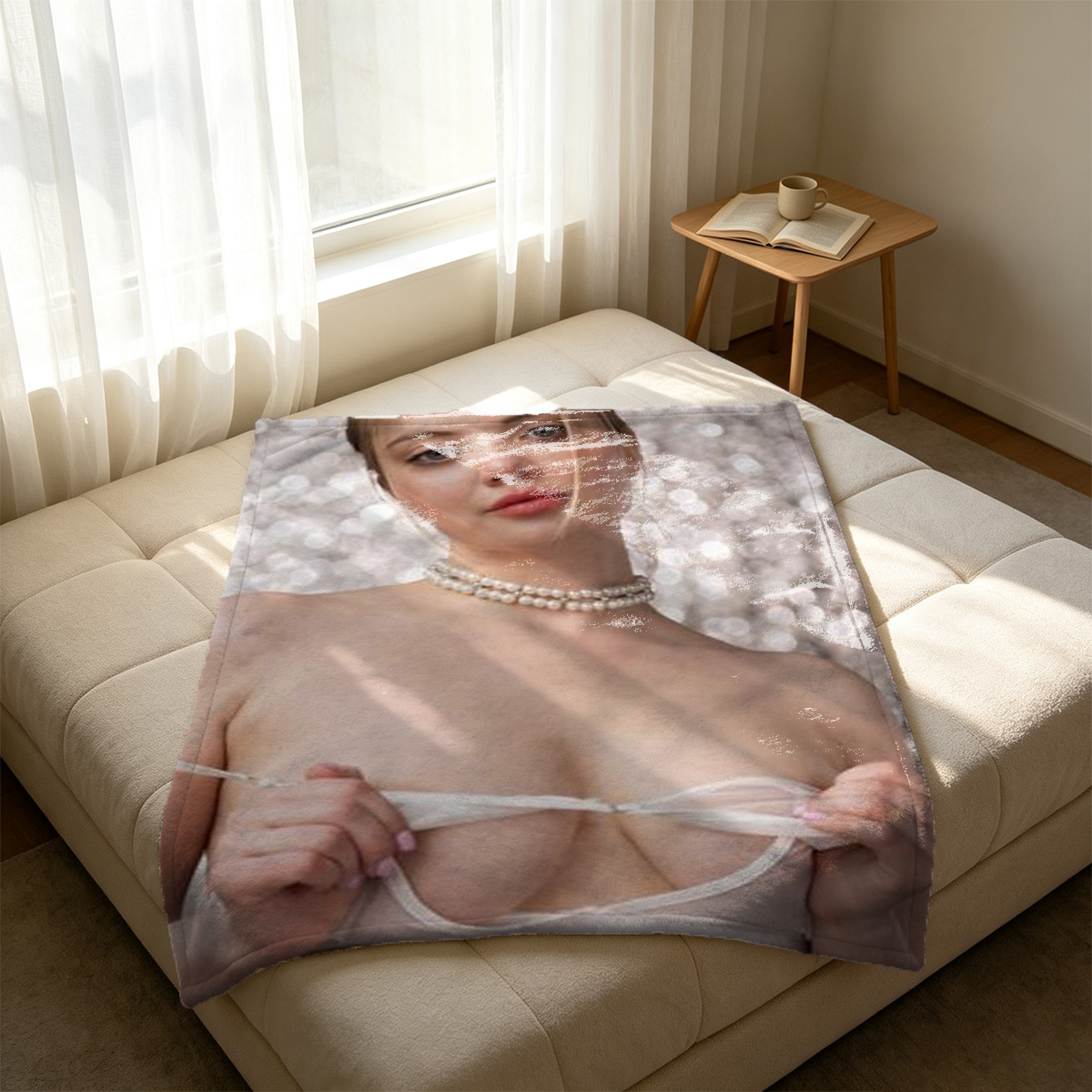 Nude Brunette Kneeling on Couch Looking Back - Blanket