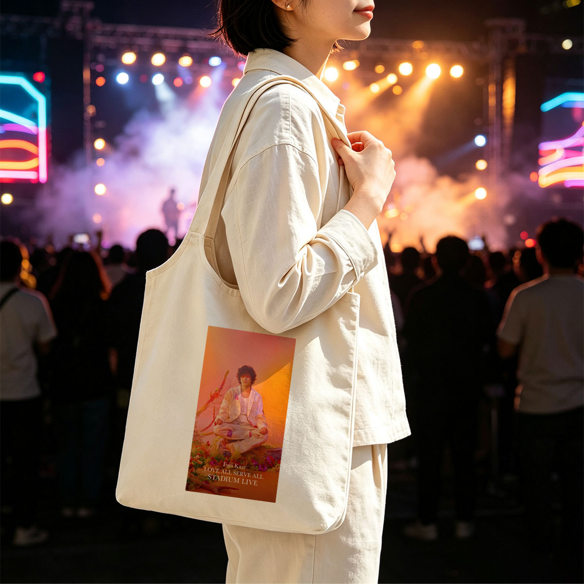 Fujii Kaze Meditating in a Vibrant Floral Landscape with Warm Sunset Background - Canvas shoulder bags/