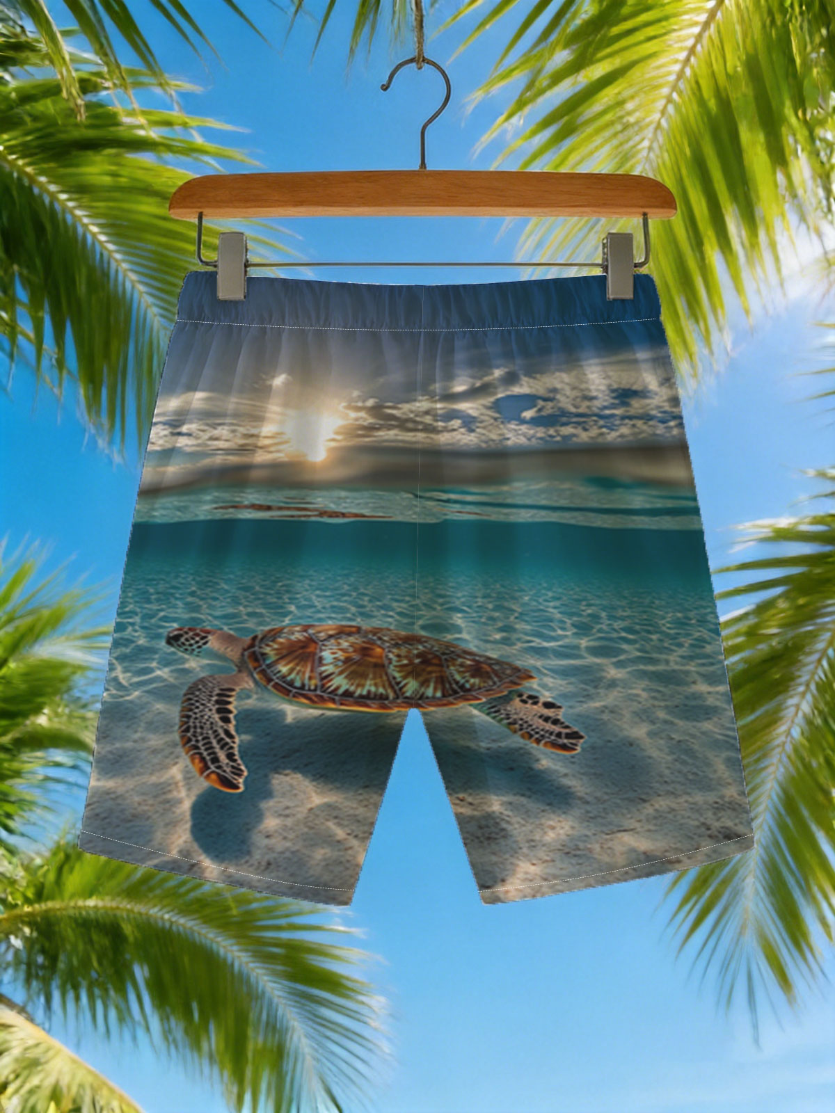 Sea Turtle Swimming in Clear Blue Waters Under Sunlight -  Beach shorts