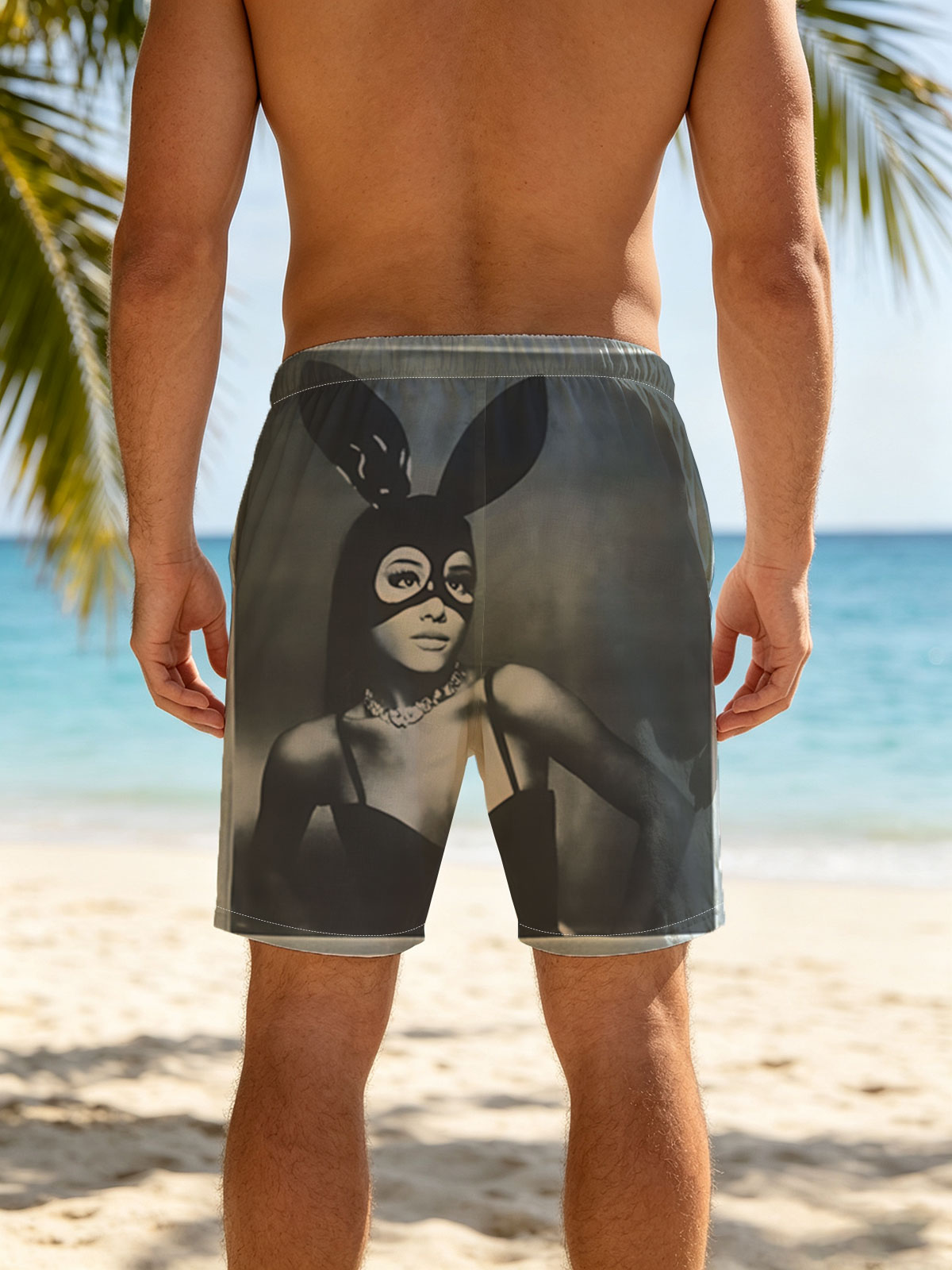 Bunny Masked Woman in Black Dress with Pearl Necklace -  Beach shorts